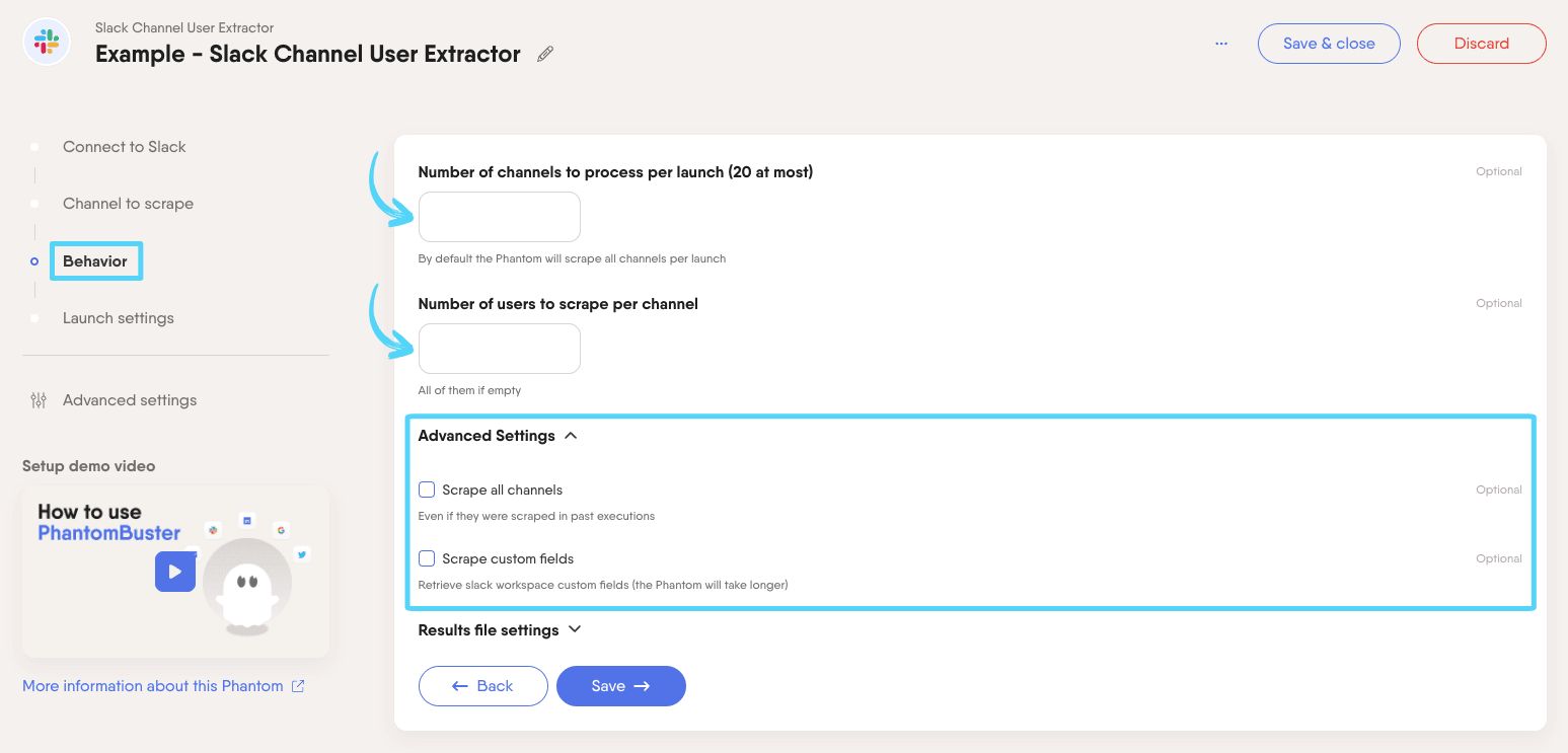 PhantomBuster Slack Channel User Extractor step 3 configuring extraction options
