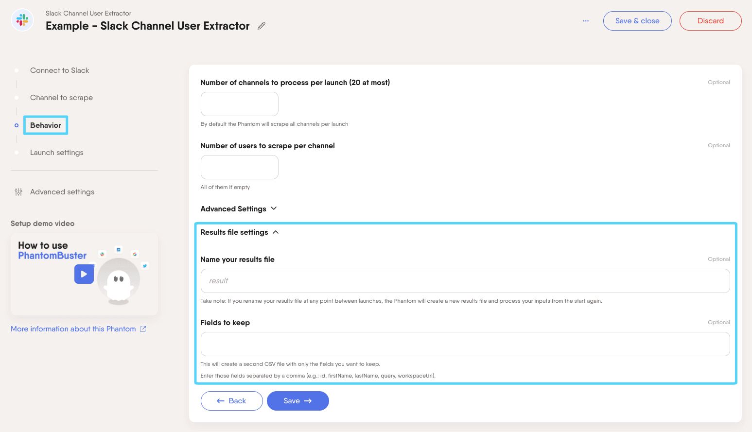 PhantomBuster Slack Channel User Extractor step 3 result file settings