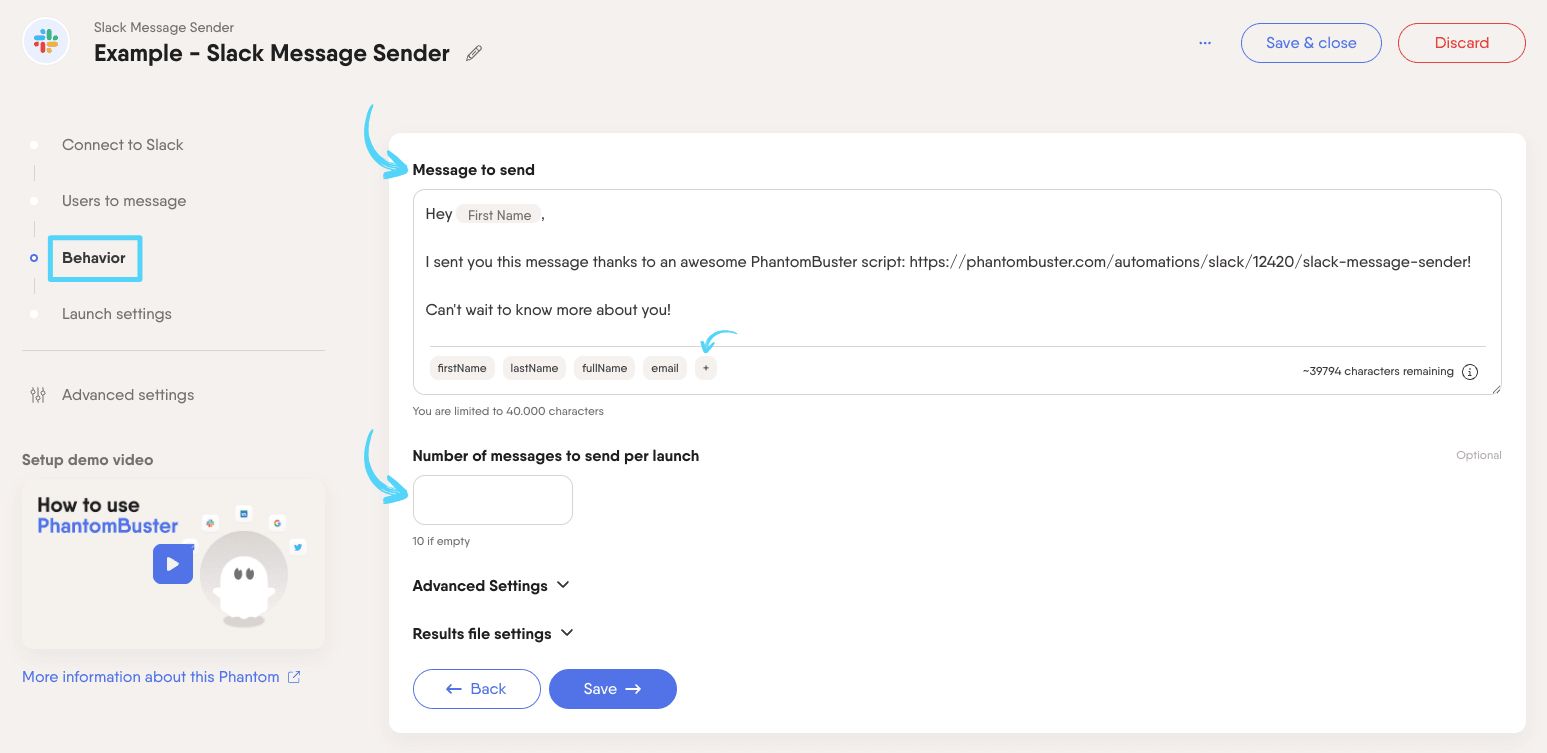 PhantomBuster Slack Message Sender step 3 writing and personalizing your message