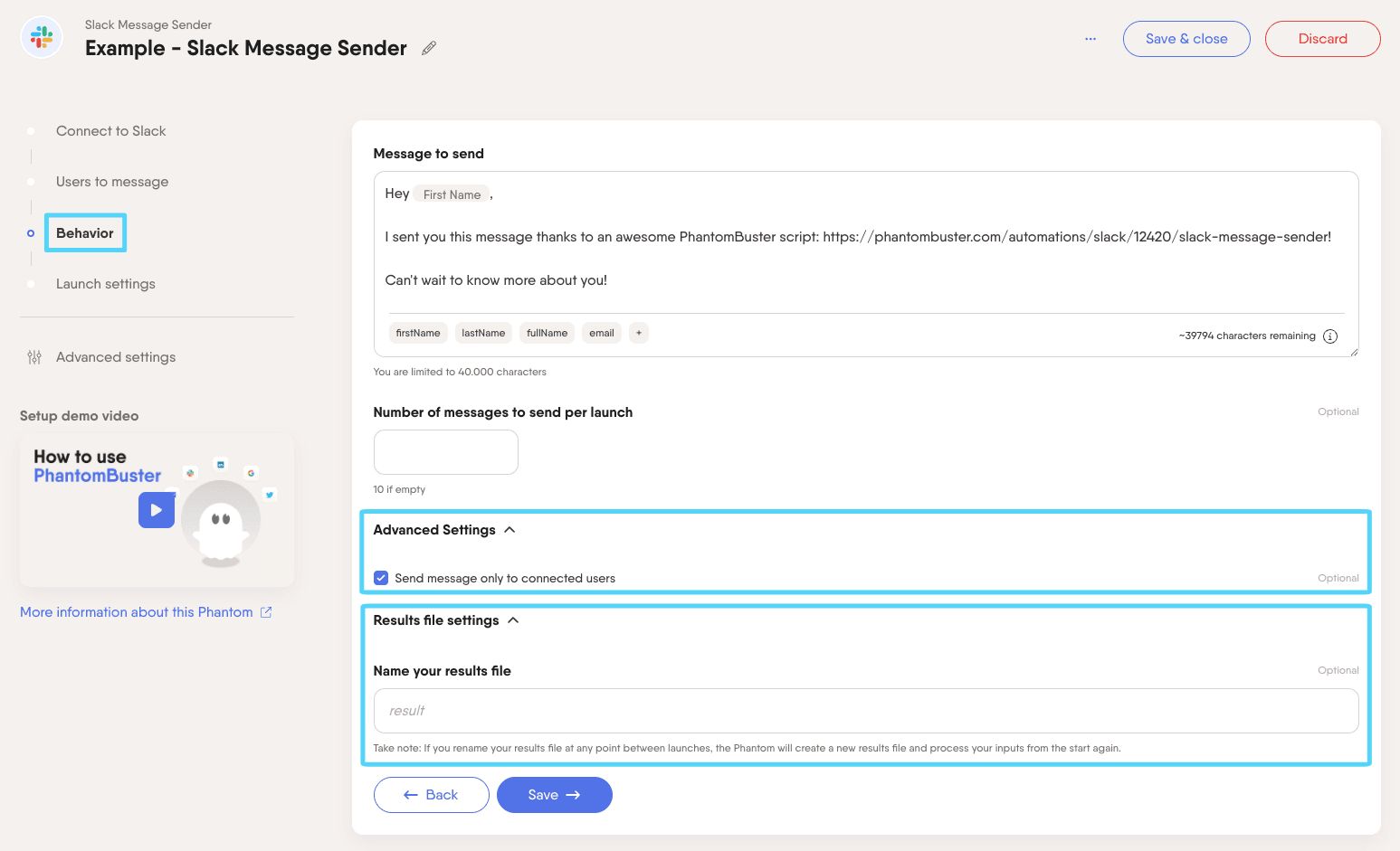 PhantomBuster Slack Message Sender step 3 message customization tags drop-down menus