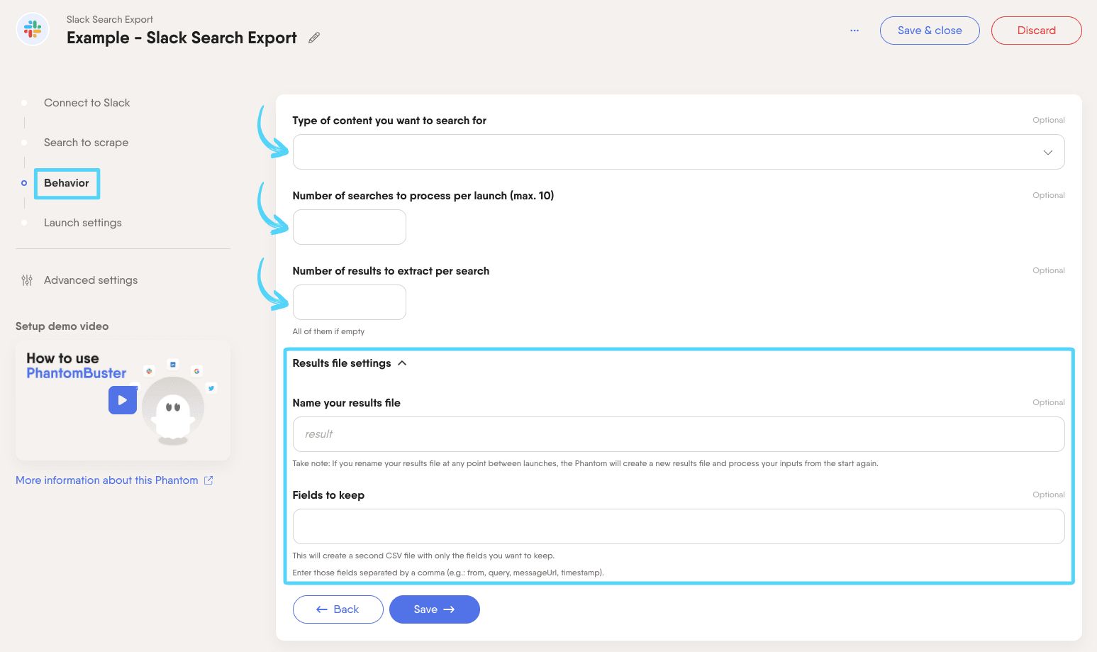 PhantomBuster Slack Search Export step 3 configuring extraction options