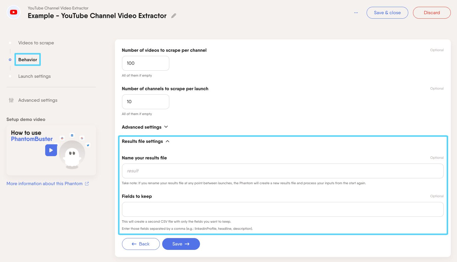 PhantomBuster YouTube Channel Video Extractor step 2 result file settings
