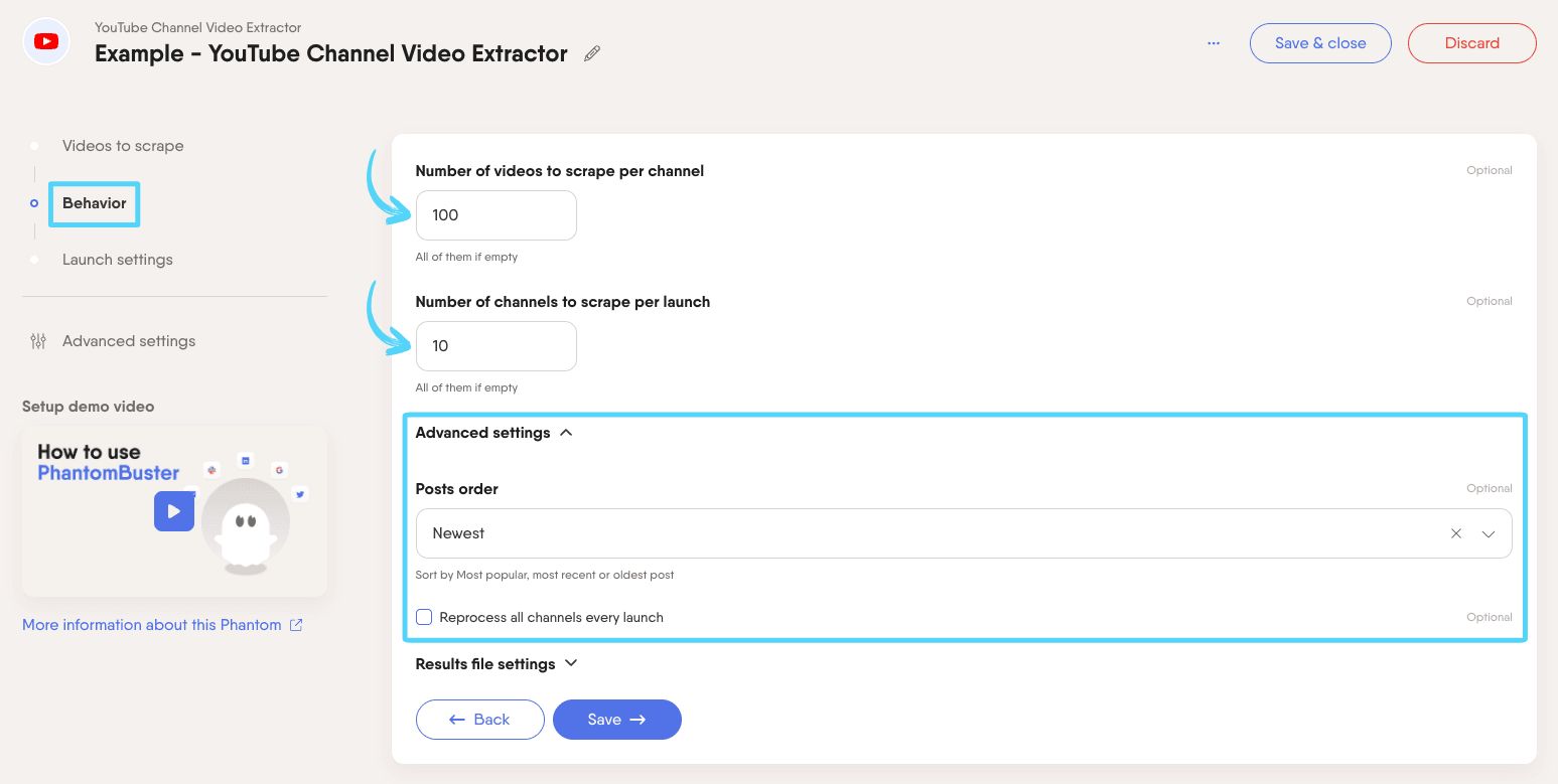 PhantomBuster YouTube Channel Video Extractor step 2 configuring extraction settings