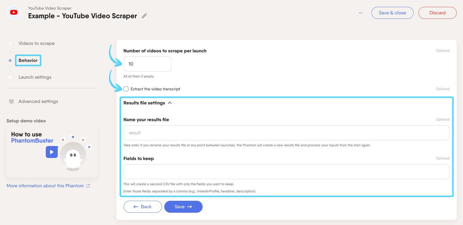 PhantomBuster YouTube Video Scraper step 2 configuring extraction settings