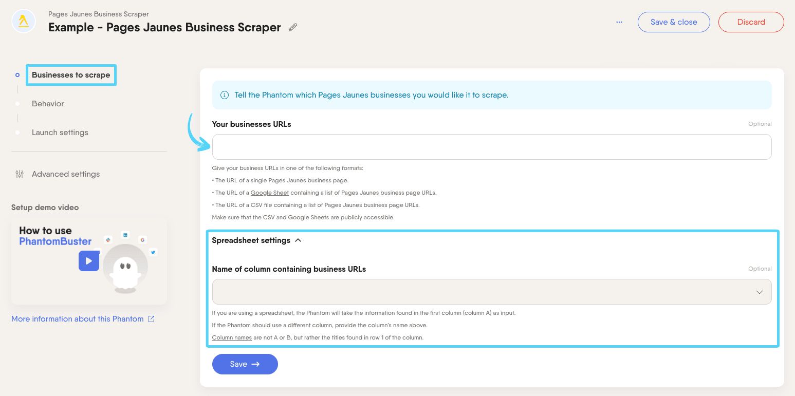 PhantomBuster Pages Jaunes Business Scraper step 1 providing the Pages Jaunes business URLs