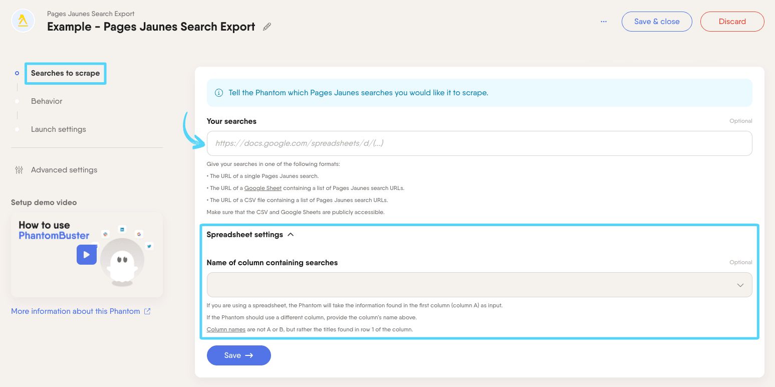 PhantomBuster Pages Jaunes Search Export step 1 providing the Pages Jaunes search URLs