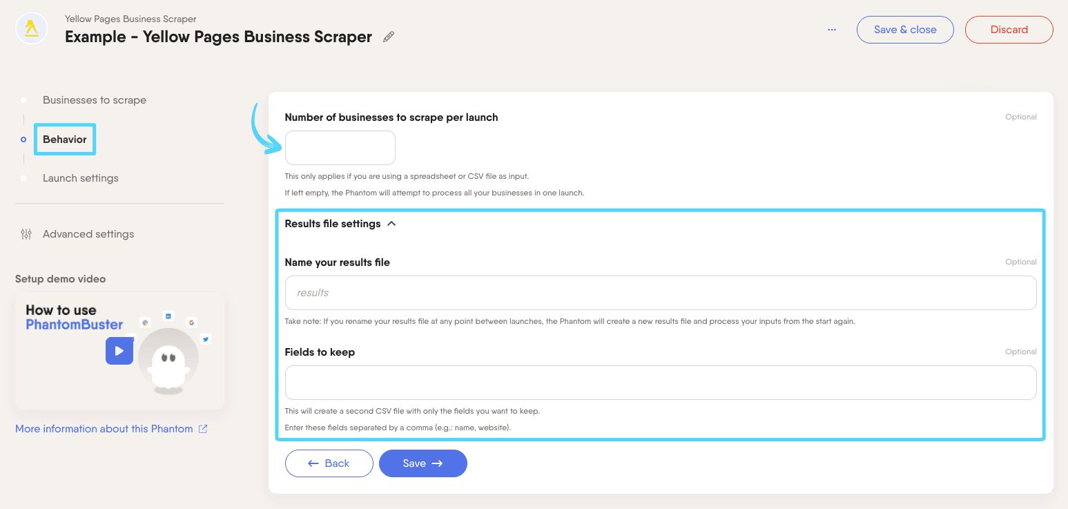PhantomBuster Yellow Pages Business Scraper step 2 setting the number of businesses to scrape and results settings