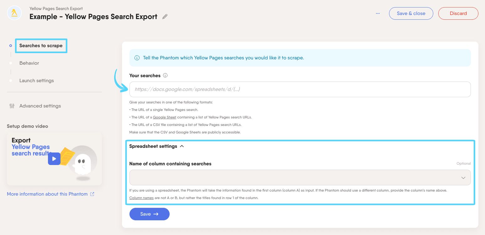 PhantomBuster Yellow Pages Search Export step 1 providing the Yellow Pages search URLs