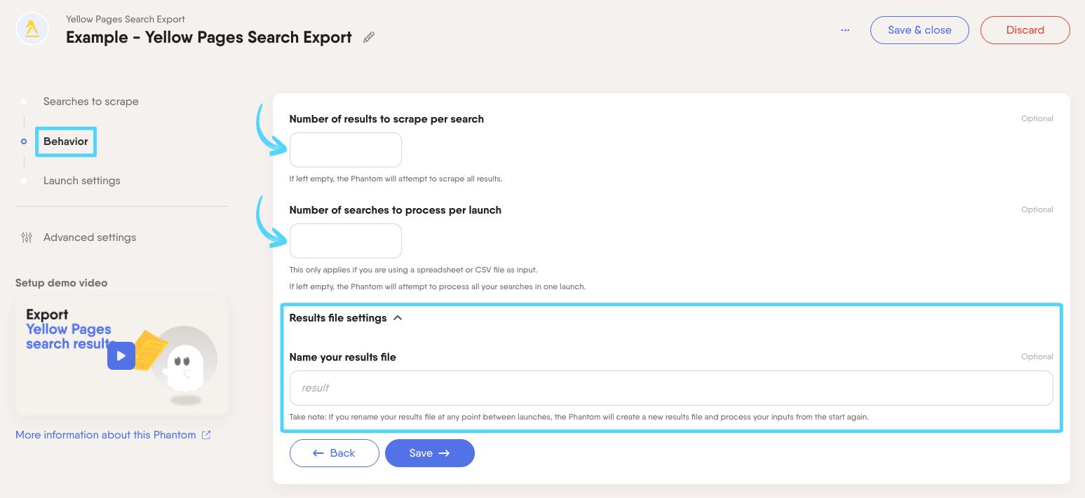 PhantomBuster Yellow Pages Search Export step 2 setting results per search and searches per launch
