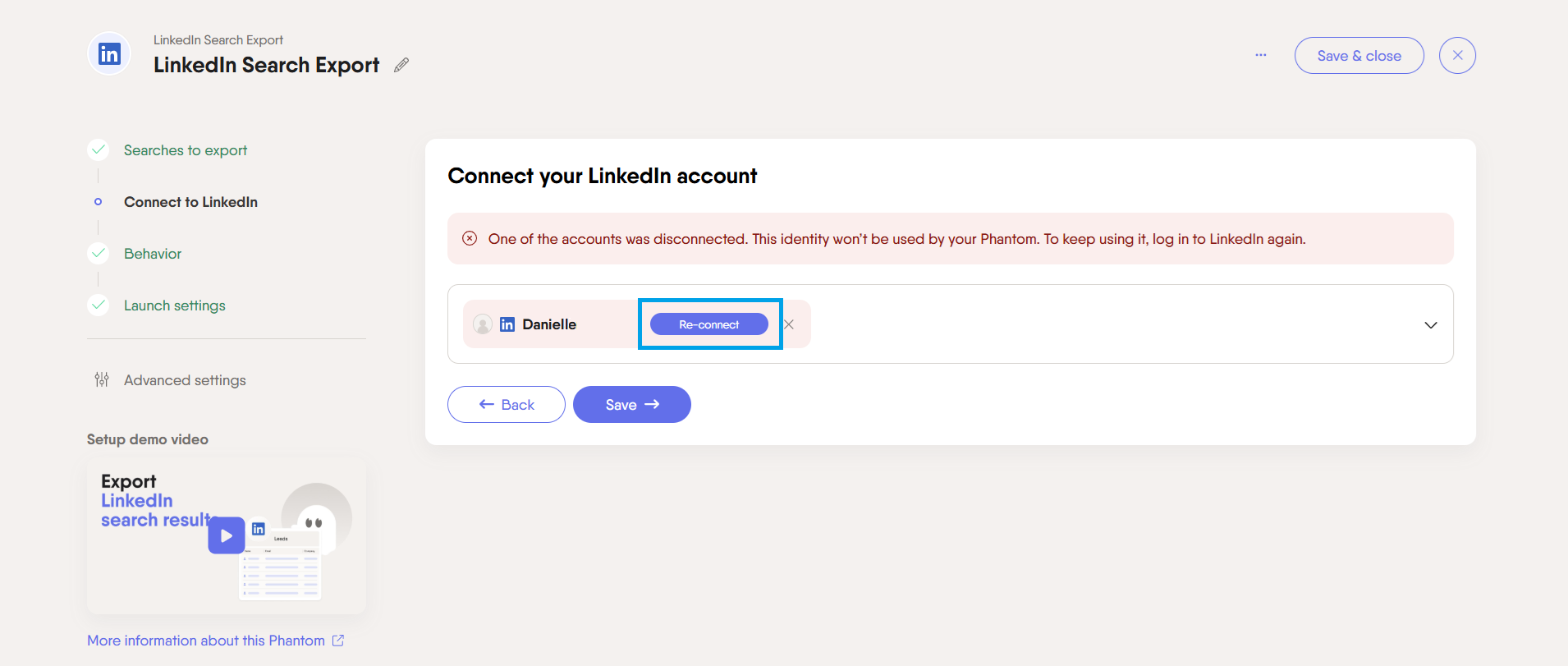 PhantomBuster Setup page showing the Re-connect button to refresh an expired LinkedIn session