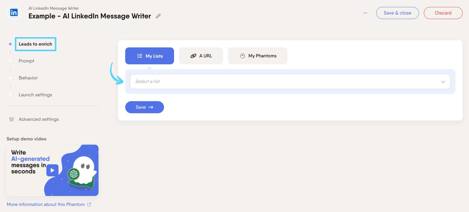 PhantomBuster AI LinkedIn Message Writer step 1 selecting the leads to personalize