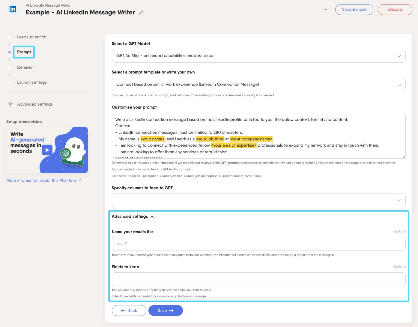 PhantomBuster AI LinkedIn Message Writer step 2 advanced settings for the results file and fields to keep