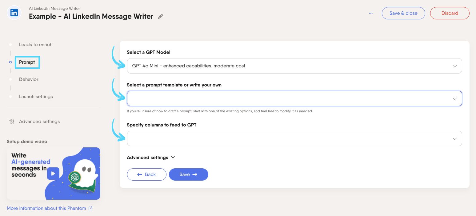 PhantomBuster AI LinkedIn Message Writer step 2 choosing the GPT model and prompt