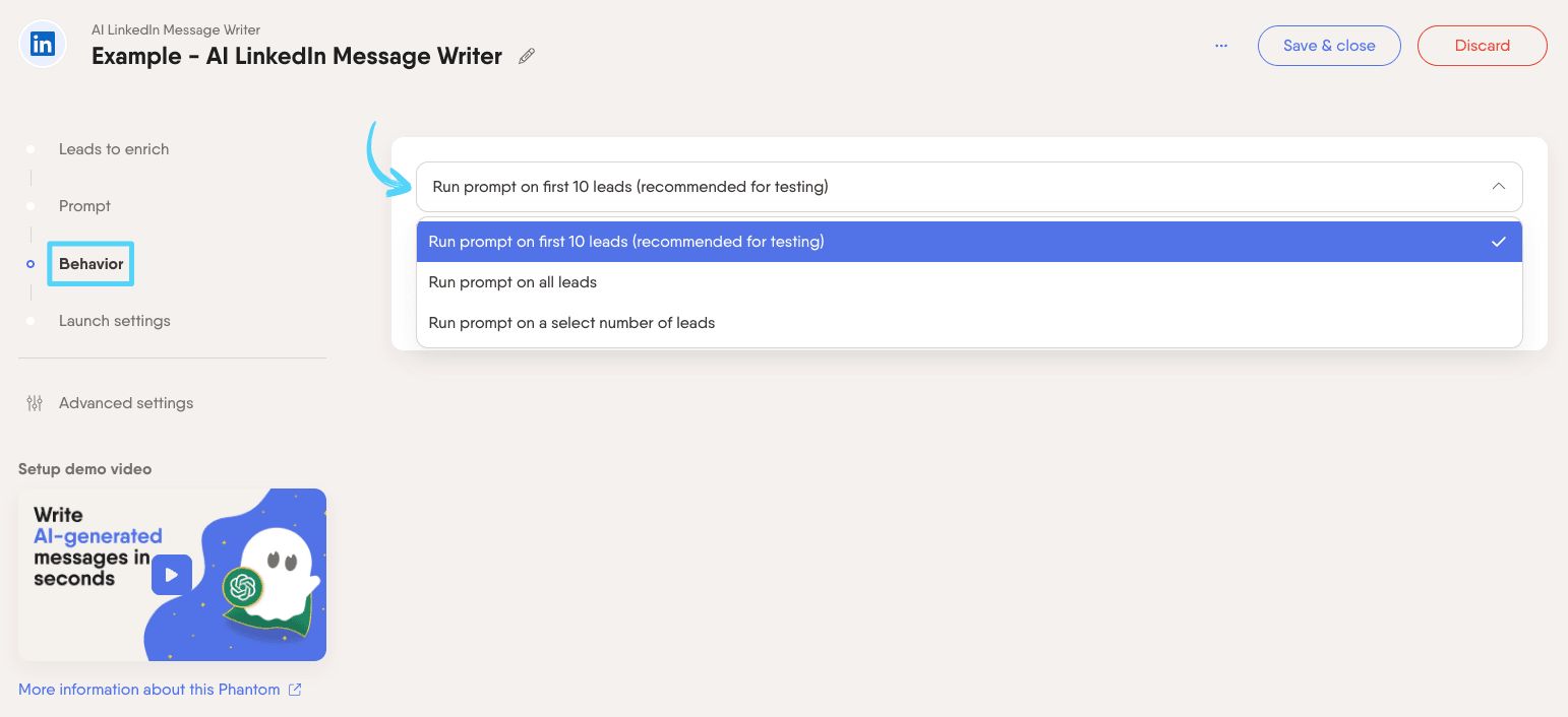 PhantomBuster AI LinkedIn Message Writer step 3 choosing how many leads to process