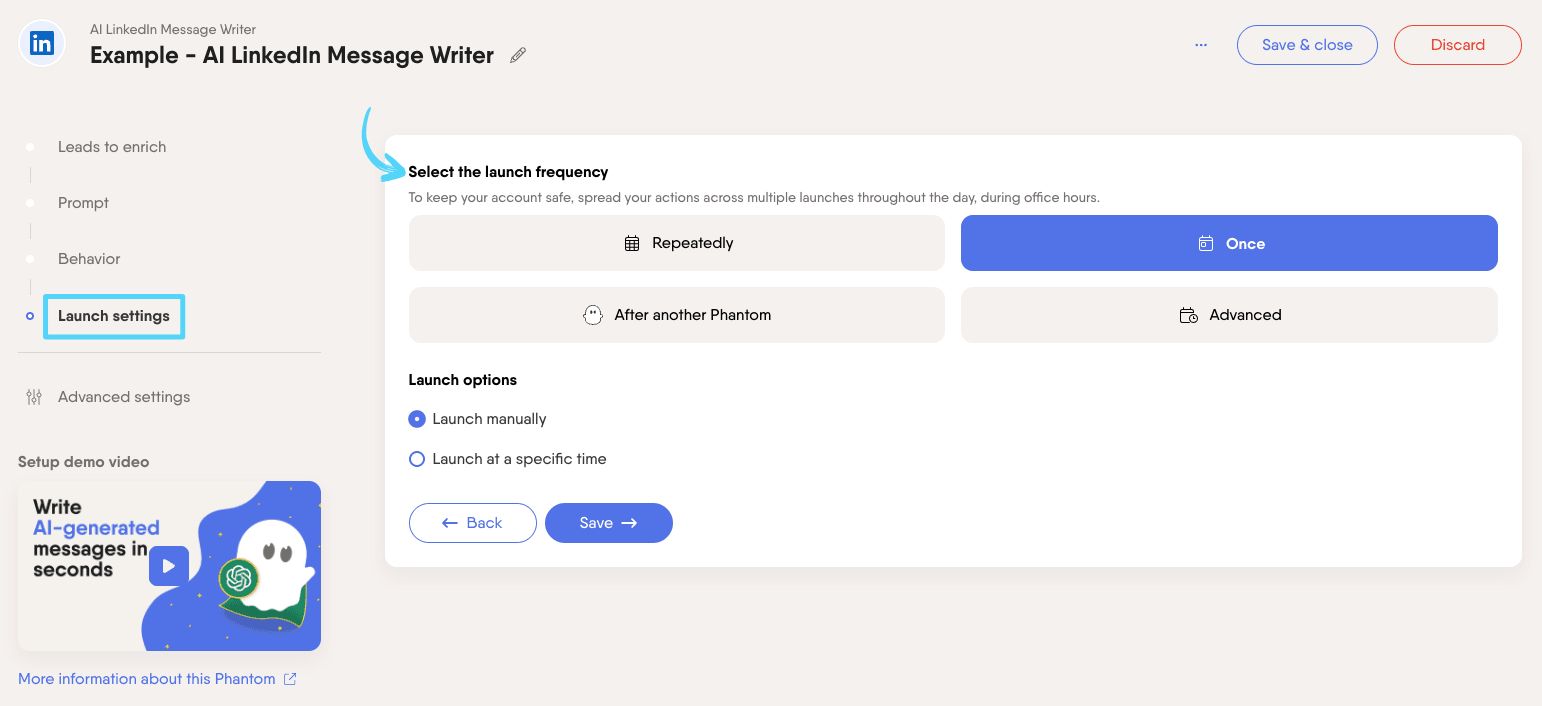 PhantomBuster AI LinkedIn Message Writer step 4 selecting the launch frequency