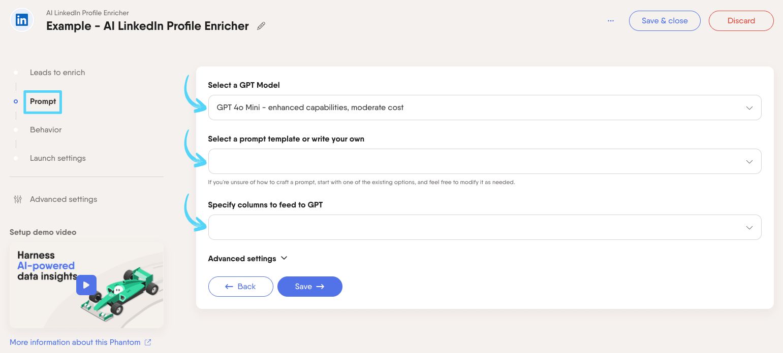 PhantomBuster AI LinkedIn Profile Enricher step 2 choosing the GPT model and prompt template