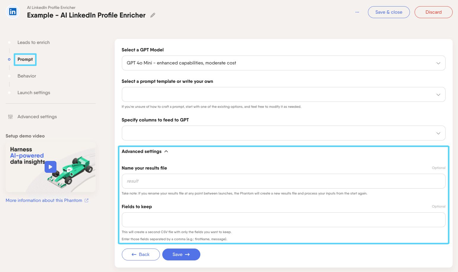 PhantomBuster AI LinkedIn Profile Enricher step 2 specifying the columns to feed to GPT