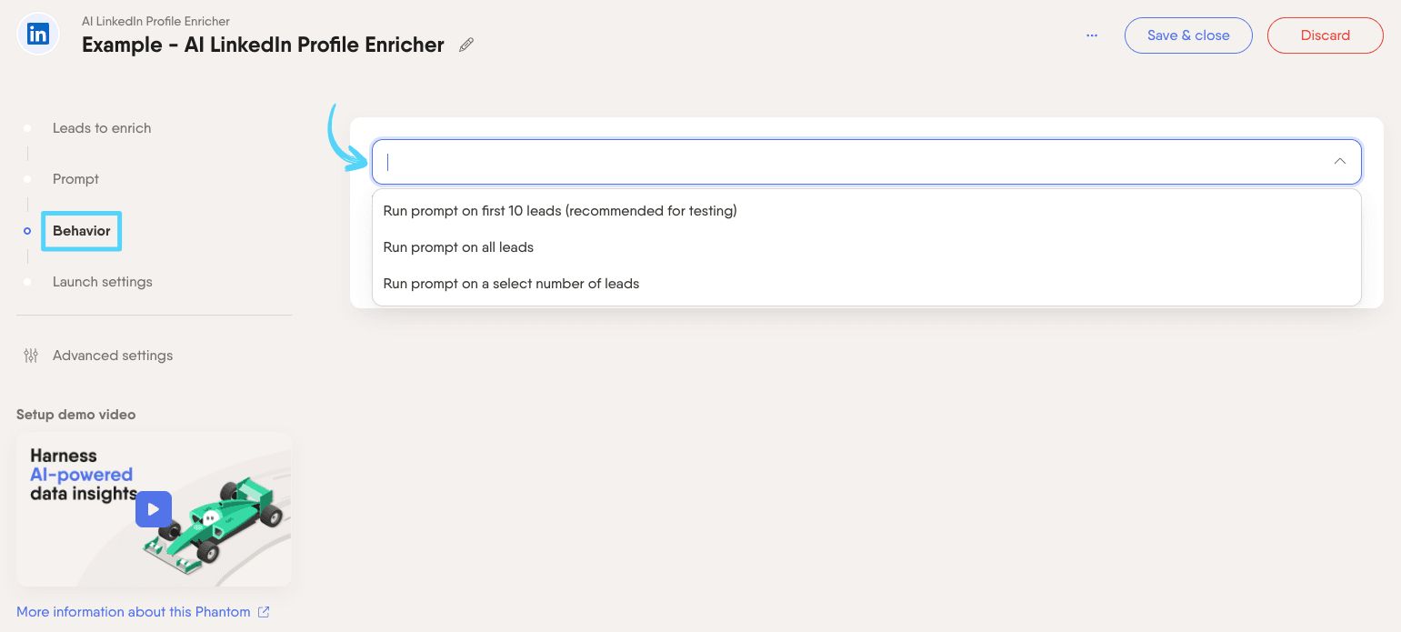 PhantomBuster AI LinkedIn Profile Enricher step 3 choosing how many leads to process