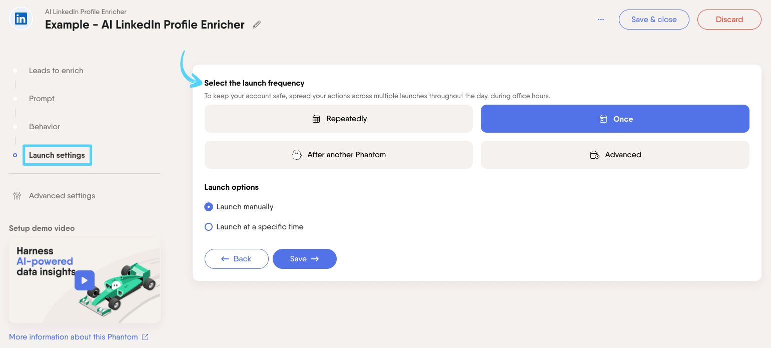 PhantomBuster AI LinkedIn Profile Enricher step 4 selecting the launch frequency