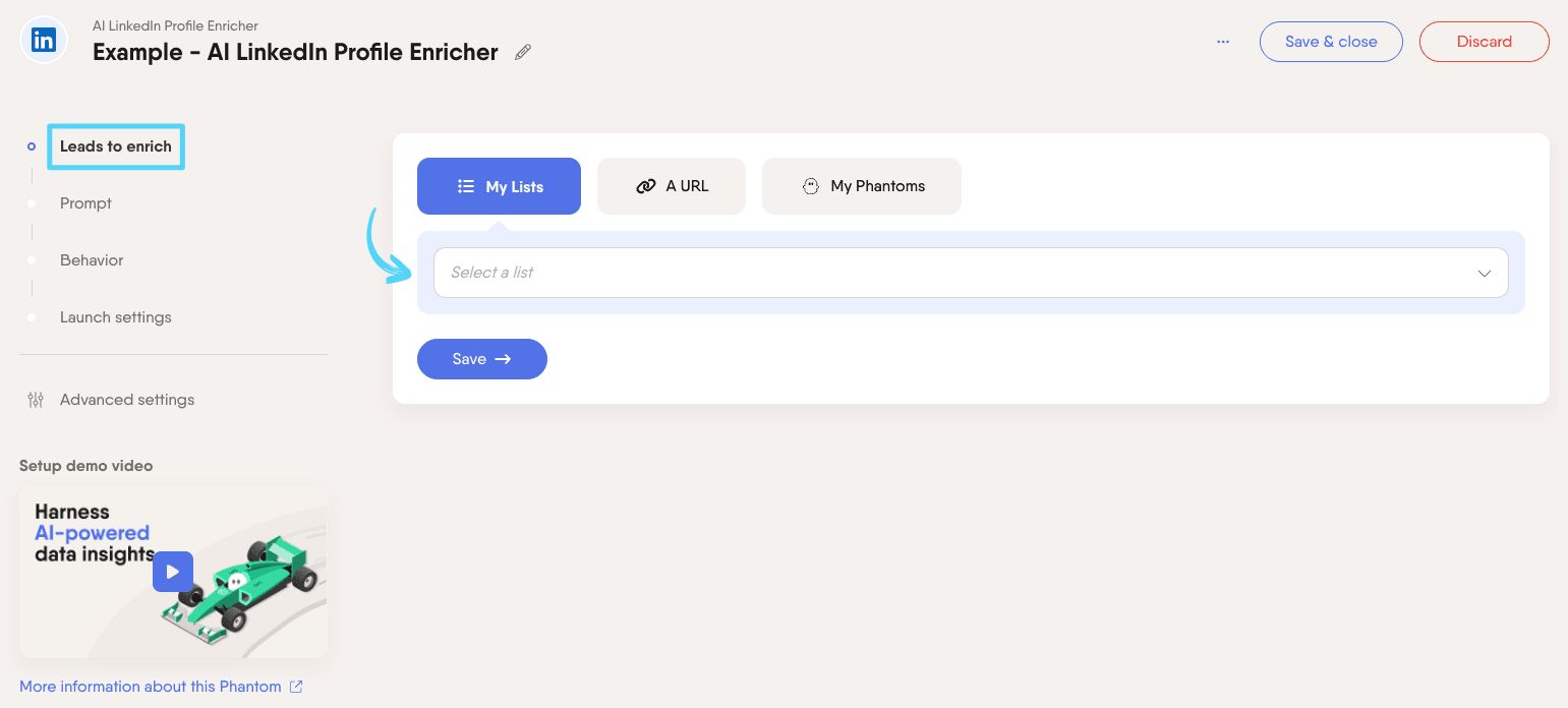 PhantomBuster AI LinkedIn Profile Enricher step 1 selecting the leads to enrich