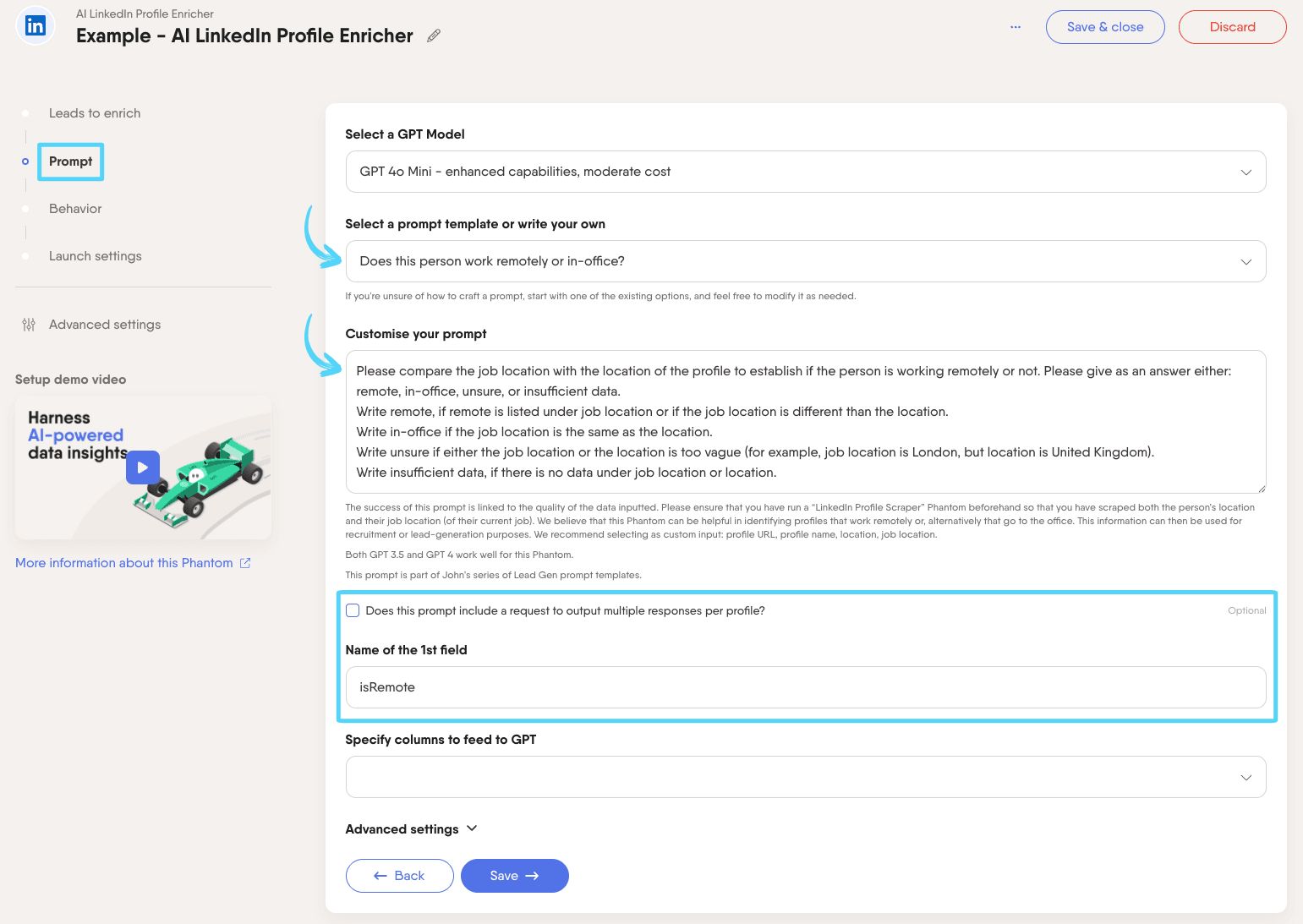 PhantomBuster AI LinkedIn Profile Enricher step 2 requesting multiple output columns