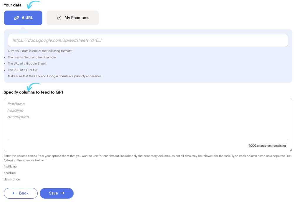 PhantomBuster Advanced AI Enricher step 2 specifying the spreadsheet columns to feed to GPT
