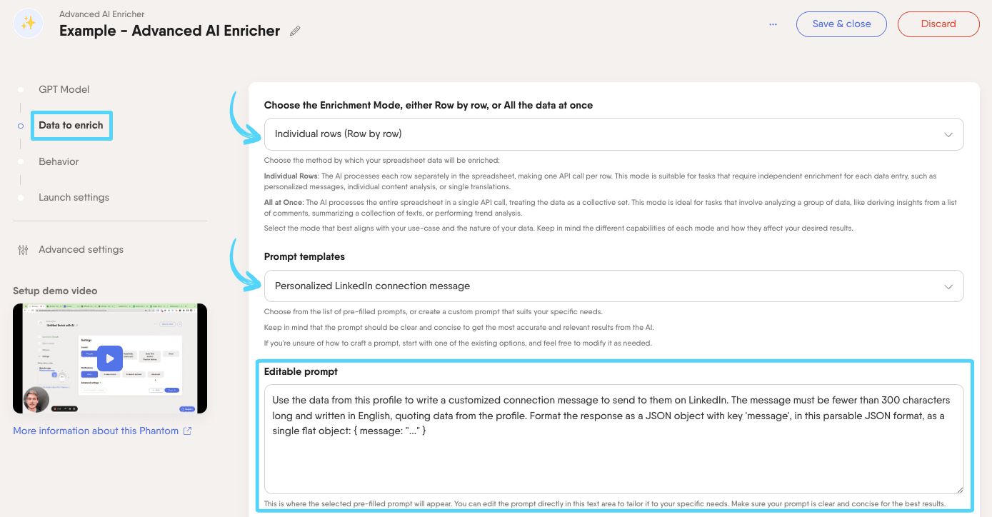 PhantomBuster Advanced AI Enricher step 2 choosing the enrichment mode and prompt template