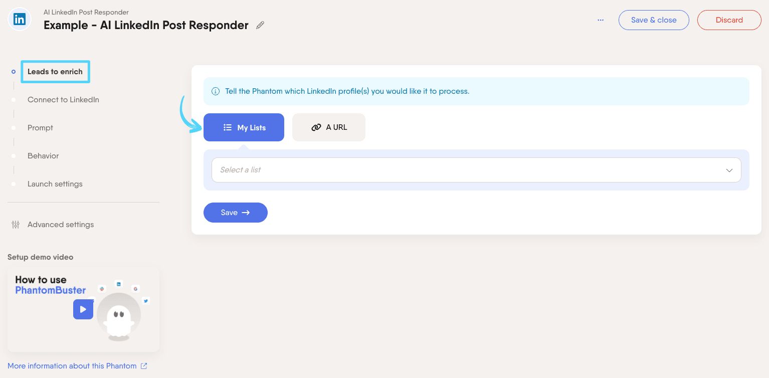 PhantomBuster AI LinkedIn Post Responder step 1 selecting the leads from the LinkedIn Leads database