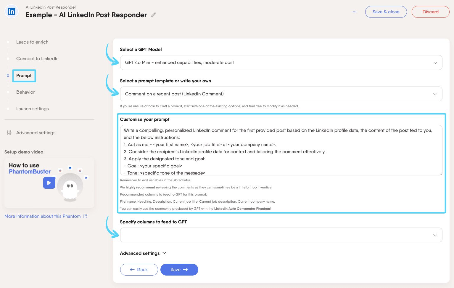 PhantomBuster AI LinkedIn Post Responder step 3 choosing the GPT model and prompt template