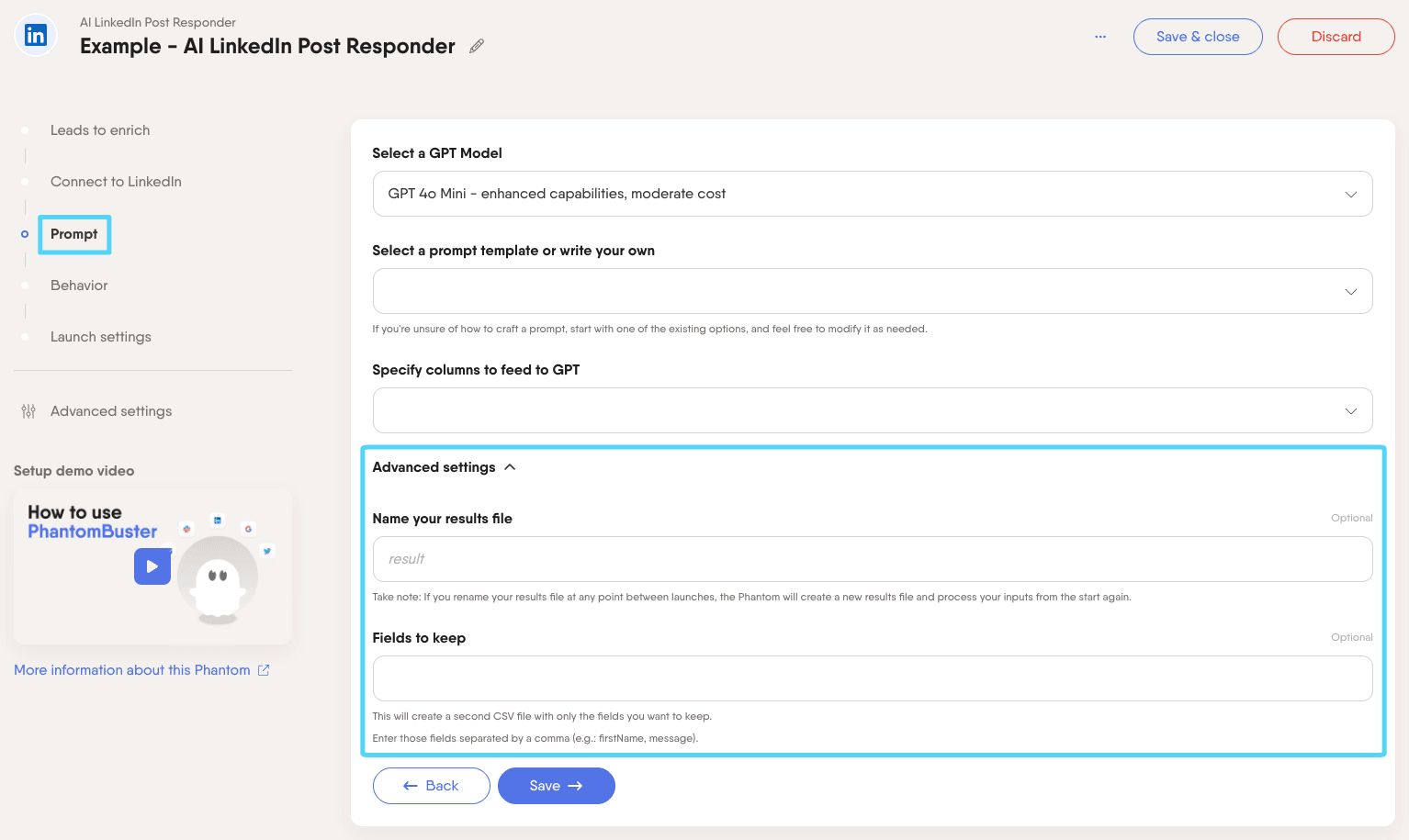 PhantomBuster AI LinkedIn Post Responder step 3 advanced settings for the results file and fields to keep