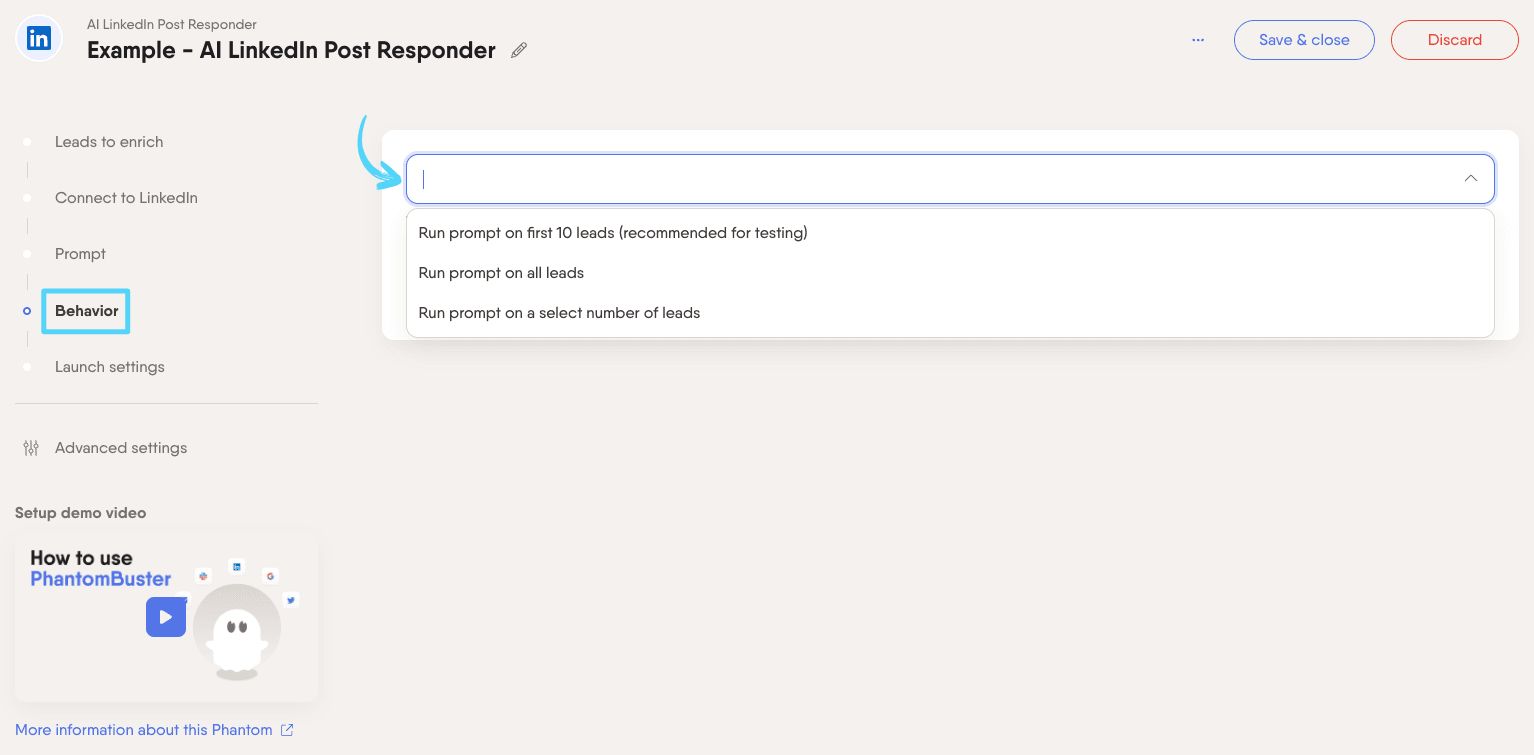 PhantomBuster AI LinkedIn Post Responder step 4 choosing how many leads to process