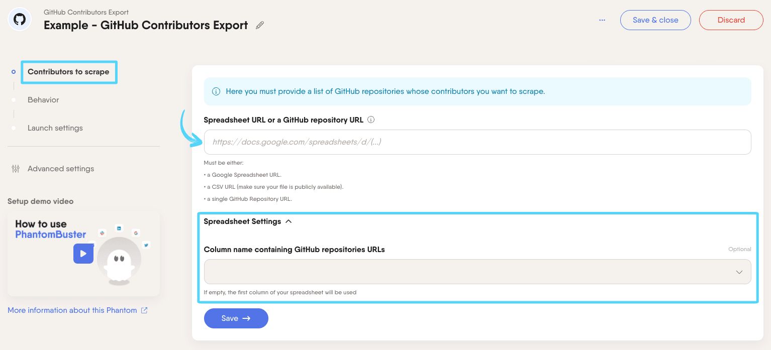 PhantomBuster GitHub Contributors Export step 1 providing the GitHub repository URLs