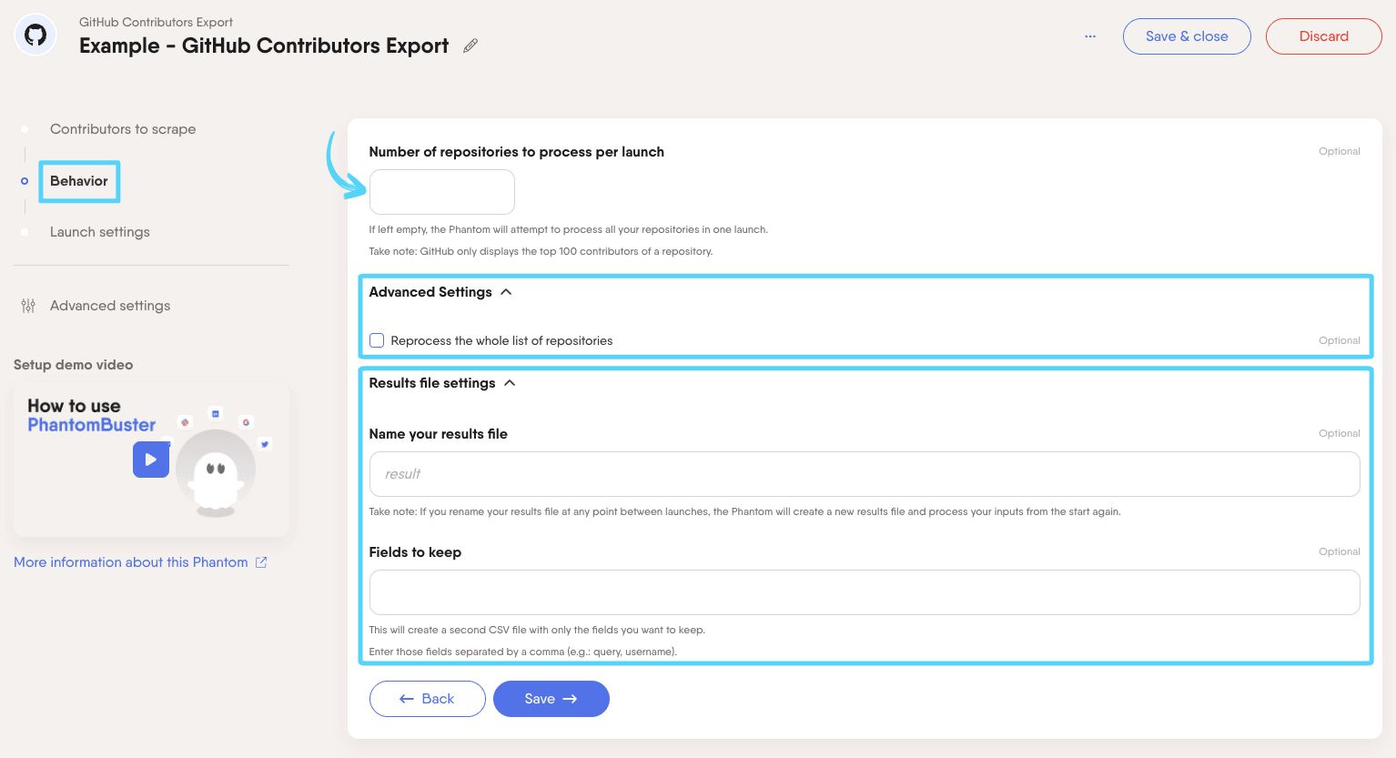 PhantomBuster GitHub Contributors Export step 2 configuring how many repositories to process and results settings
