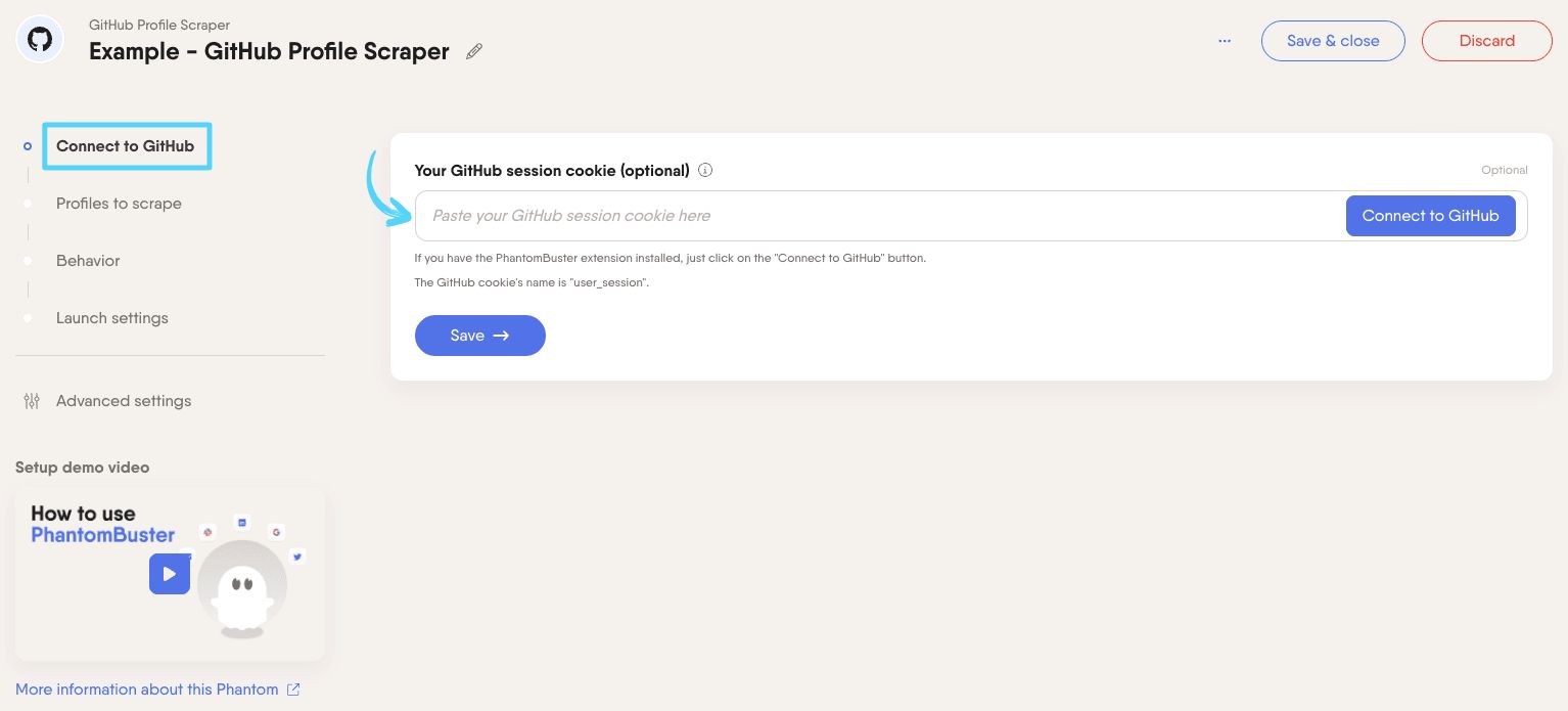 PhantomBuster GitHub Profile Scraper step 1 connecting a GitHub account