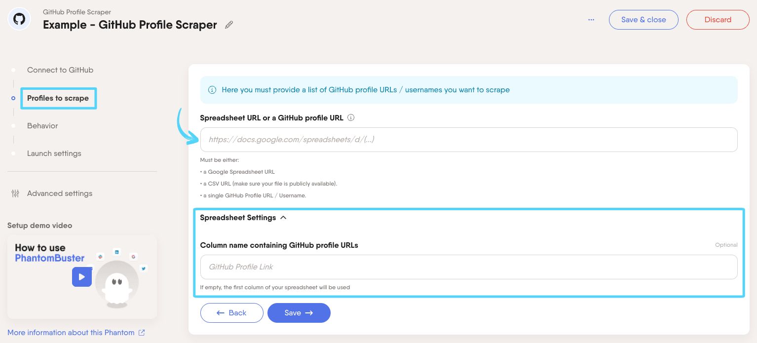 PhantomBuster GitHub Profile Scraper step 2 providing the GitHub profile URLs