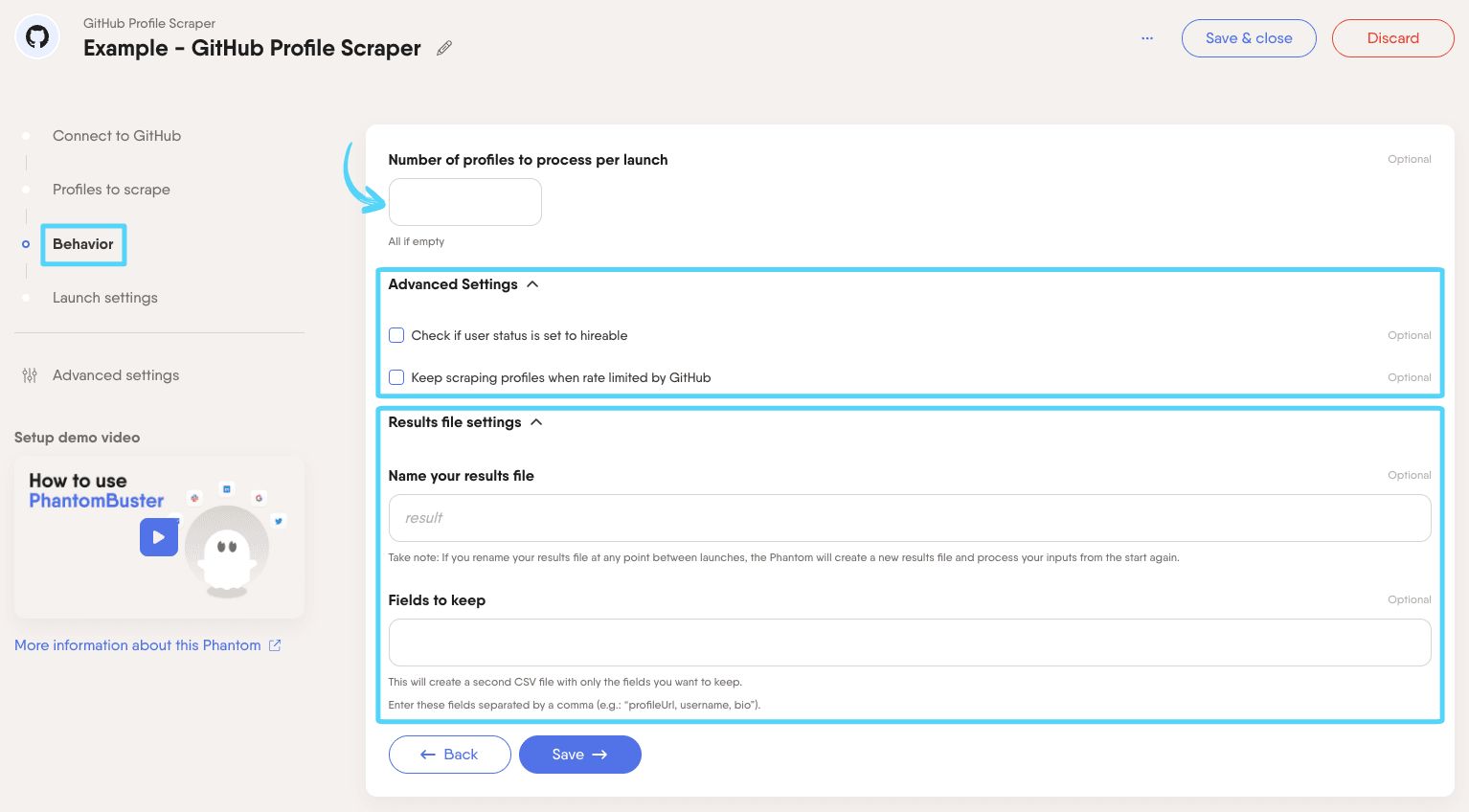 PhantomBuster GitHub Profile Scraper step 3 configuring the number of profiles to process per launch