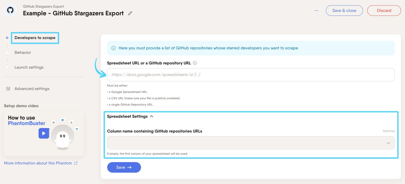 PhantomBuster GitHub Stargazers Export step 1 providing the GitHub repository URLs