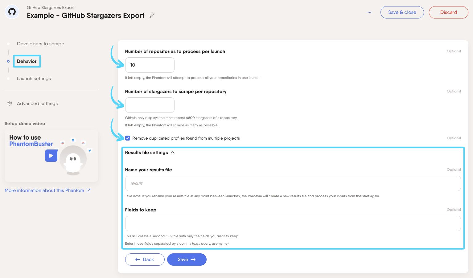 PhantomBuster GitHub Stargazers Export step 2 configuring repositories, stargazers per repo, and duplicate removal