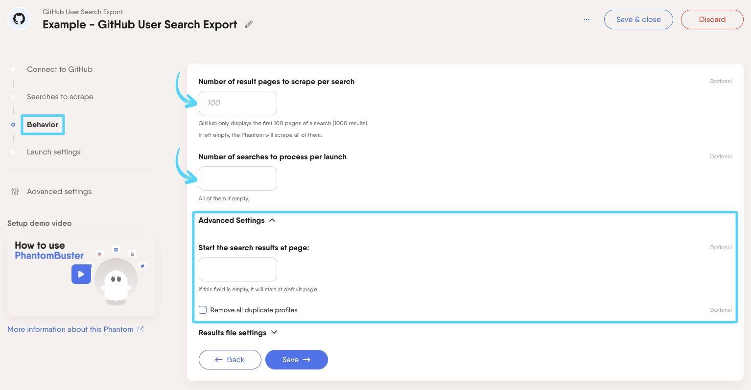 PhantomBuster GitHub User Search Export step 3 configuring result pages and searches per launch