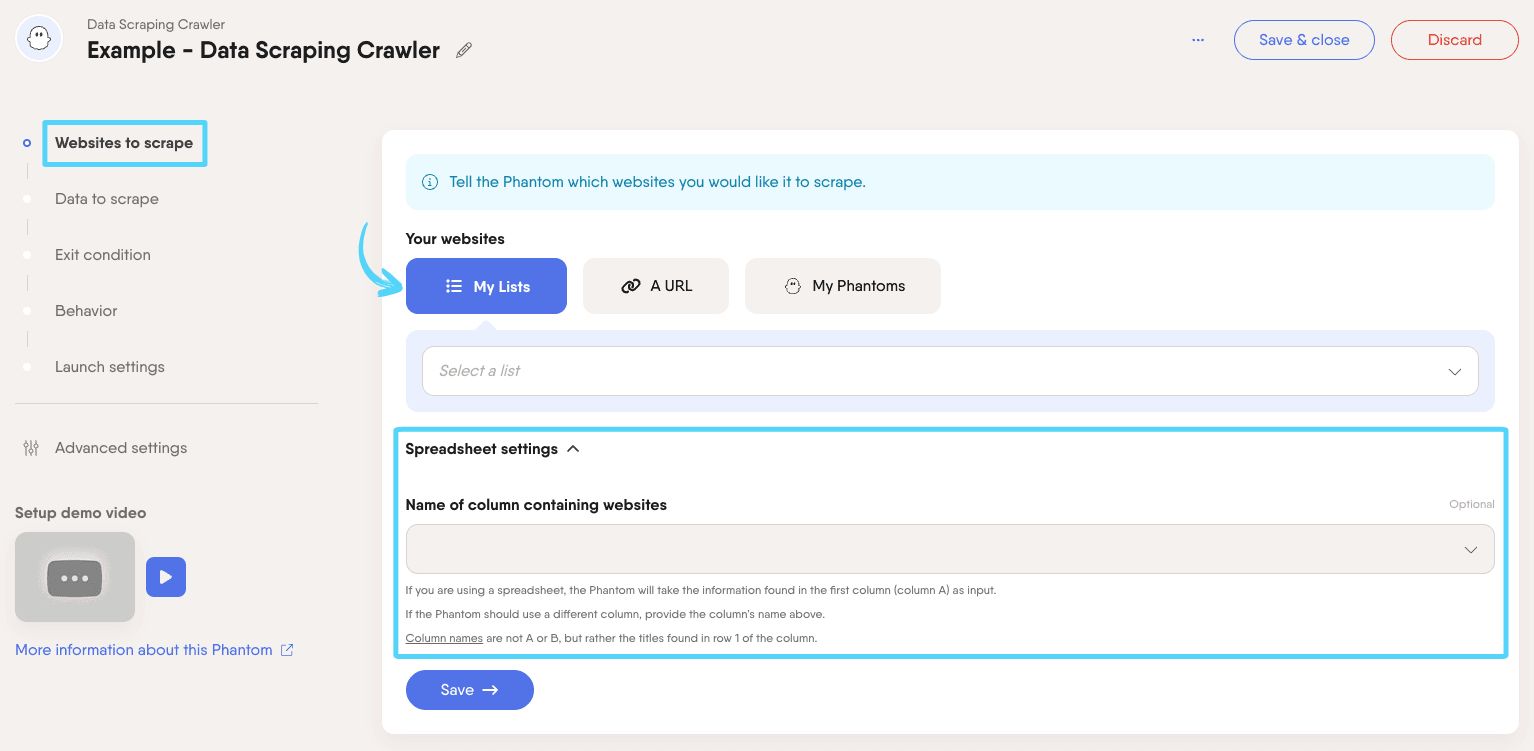 PhantomBuster Data Scraping Crawler step 1 providing website inputs