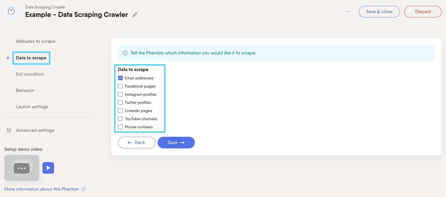 PhantomBuster Data Scraping Crawler step 2 selecting the data to extract