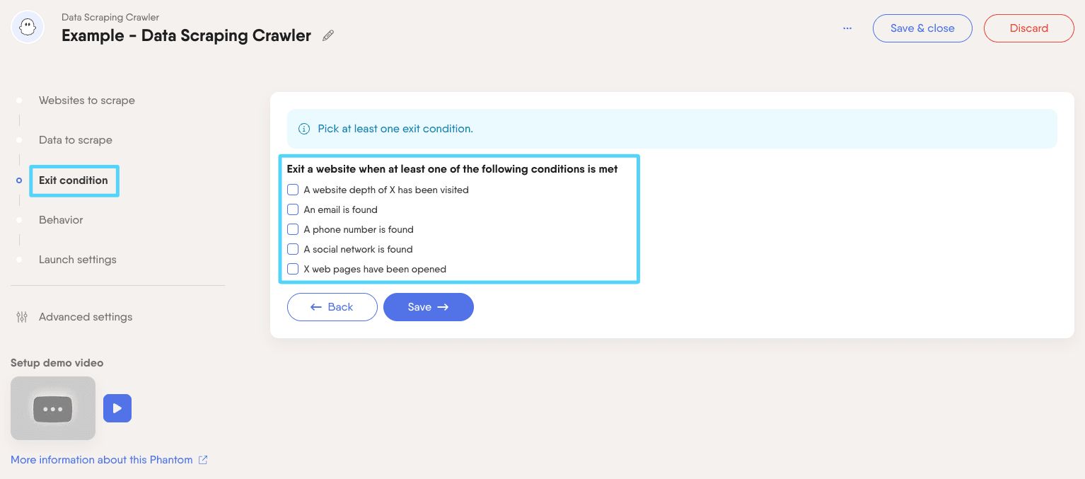 PhantomBuster Data Scraping Crawler step 3 defining exit conditions