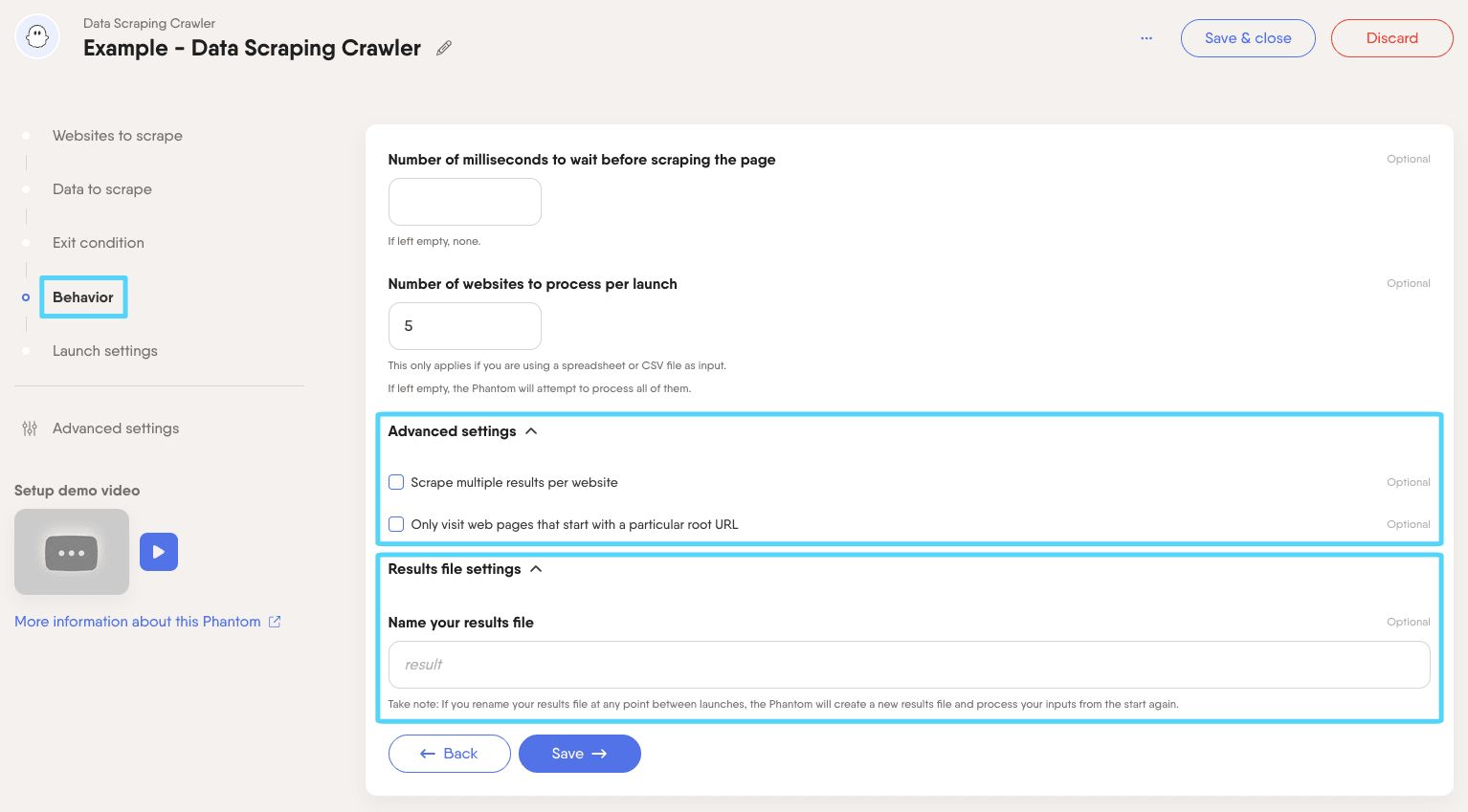 PhantomBuster Data Scraping Crawler step 4 advanced settings drop-down menus