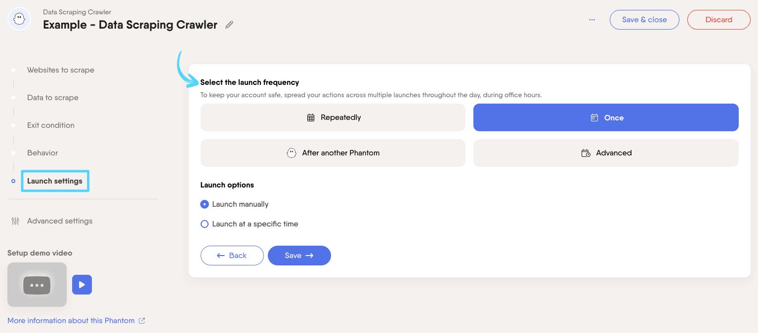 PhantomBuster Data Scraping Crawler step 5 selecting launch frequency