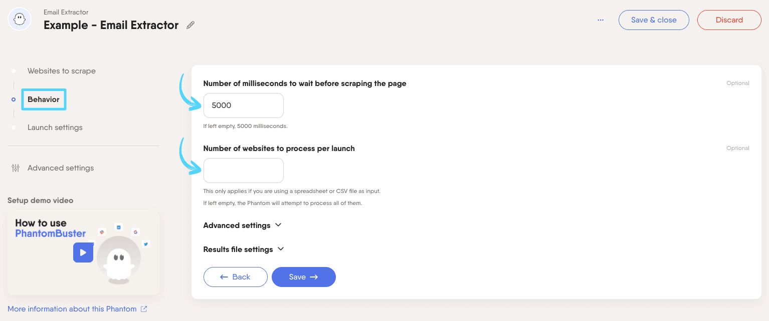 PhantomBuster Email Extractor step 2 configuring extraction settings
