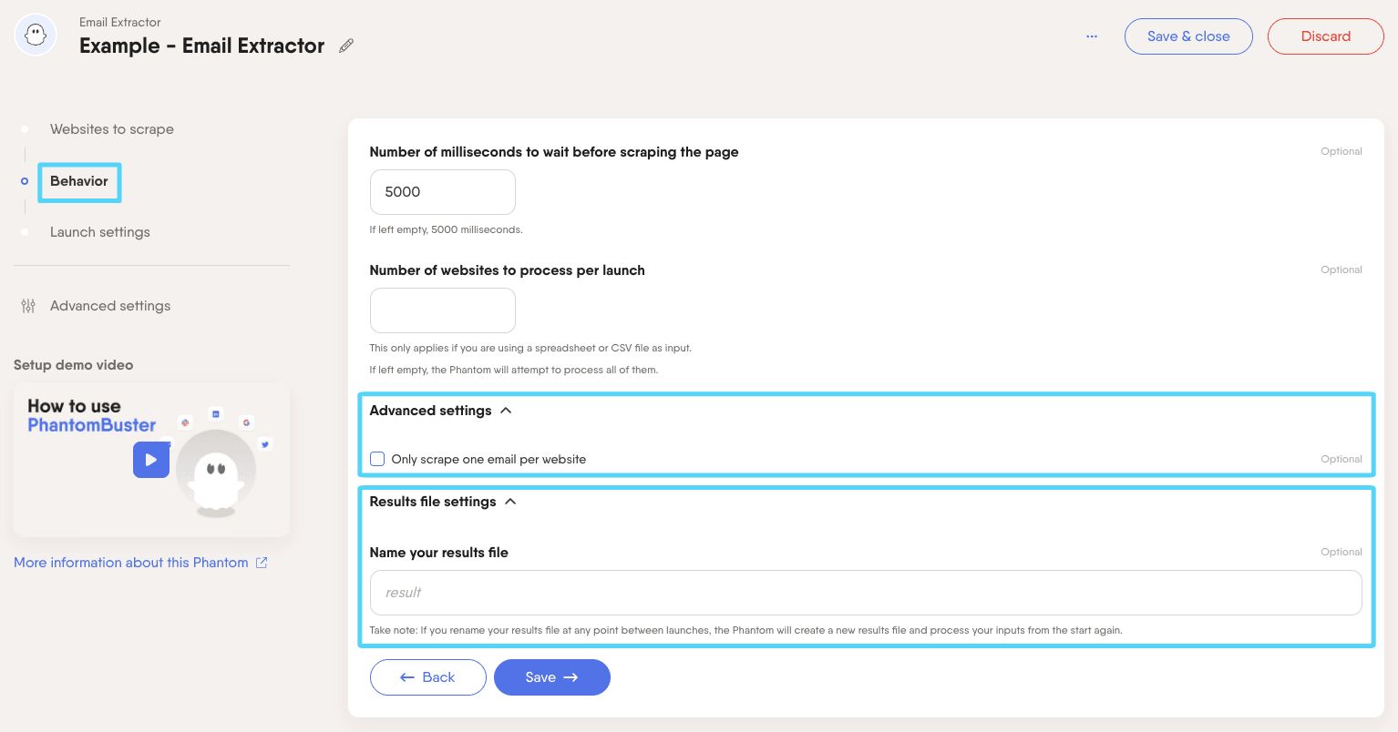 PhantomBuster Email Extractor step 2 advanced settings drop-down menus