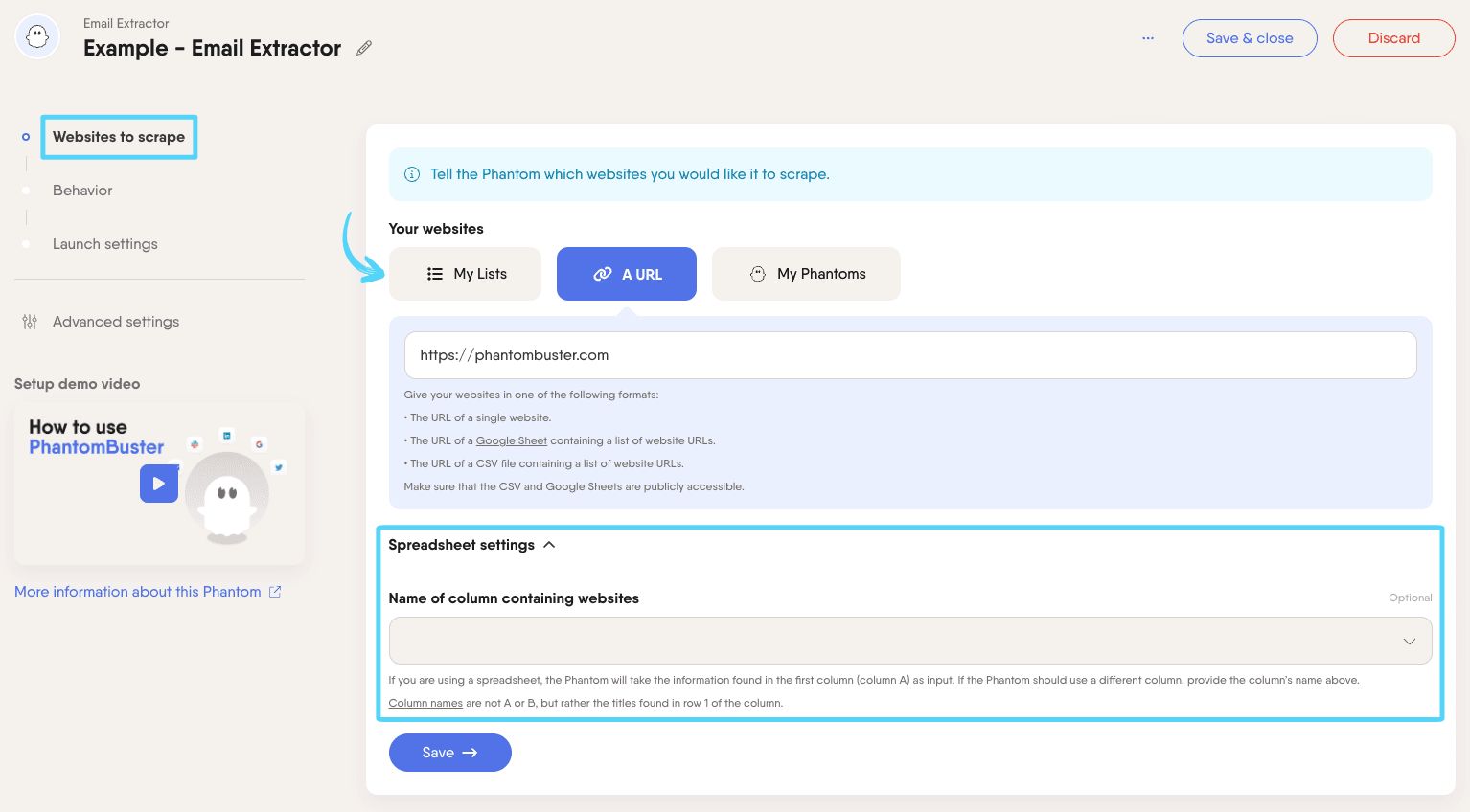 PhantomBuster Email Extractor step 1 providing website inputs