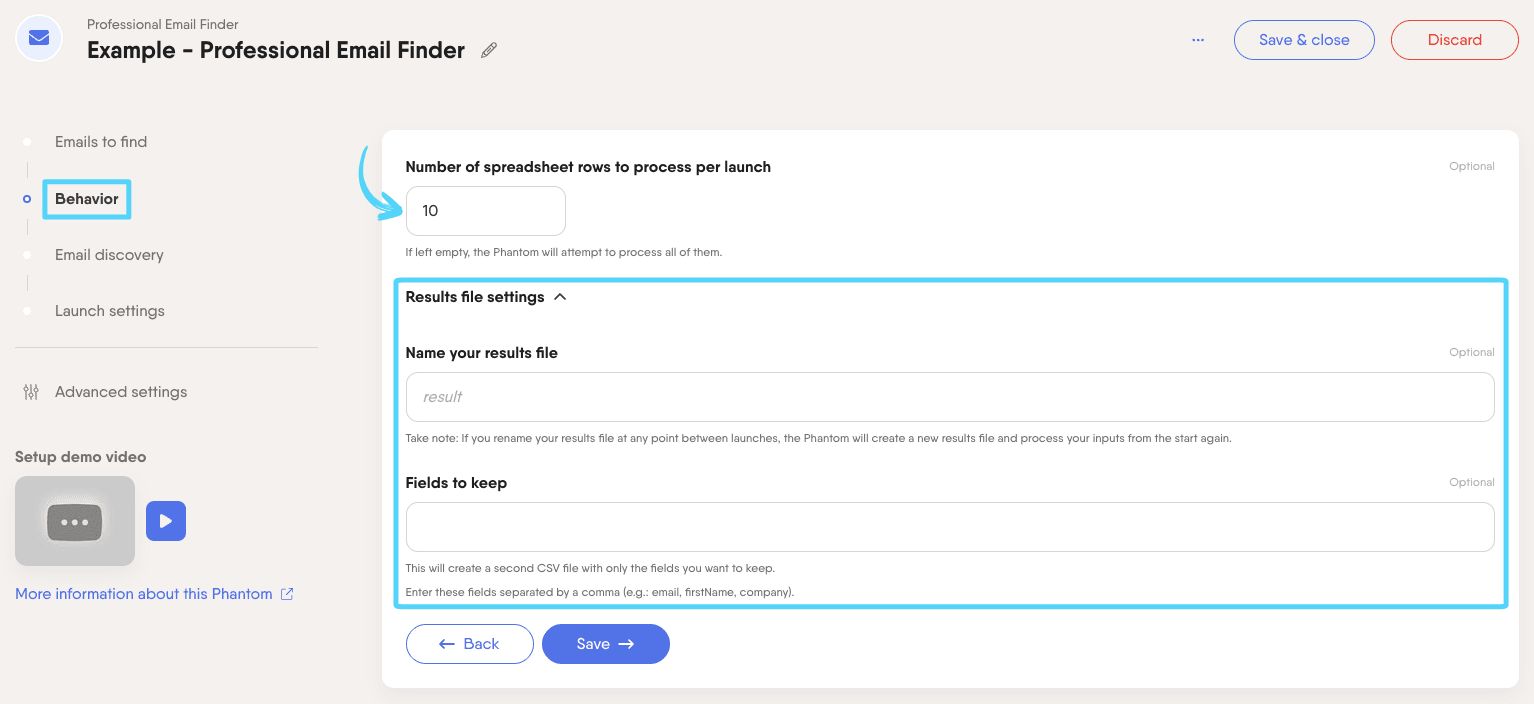 PhantomBuster Professional Email Finder step 2 configuring processing settings