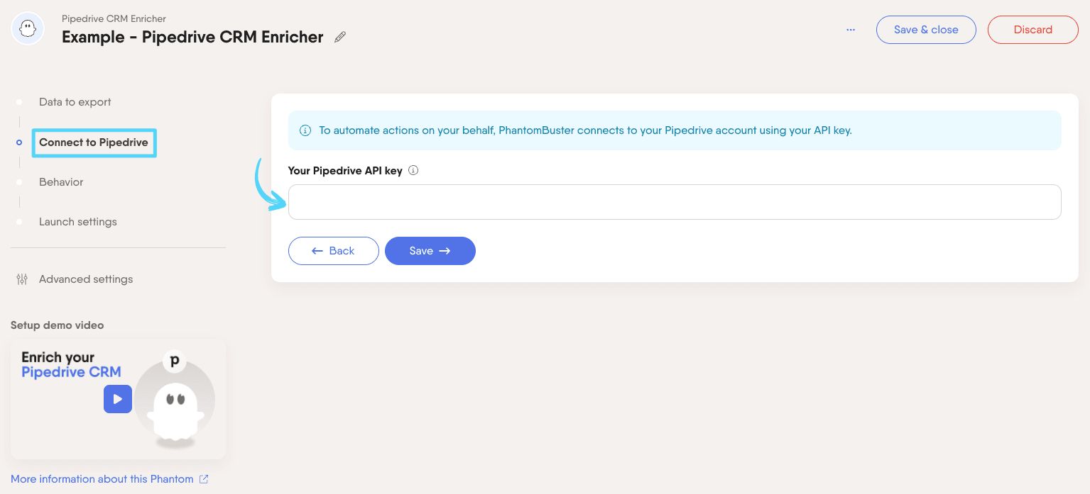 PhantomBuster Pipedrive CRM Enricher step 2 connecting to Pipedrive with your API key