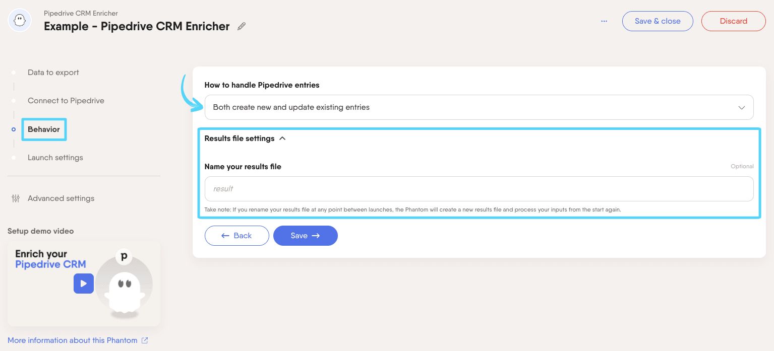 PhantomBuster Pipedrive CRM Enricher step 3 configuring enrichment behavior